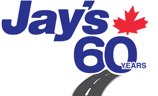 Logo celebrating Jay's 60 years in business, featuring the text 'Jay's 60 Years' with a Canadian maple leaf and a stylized road graphic.
